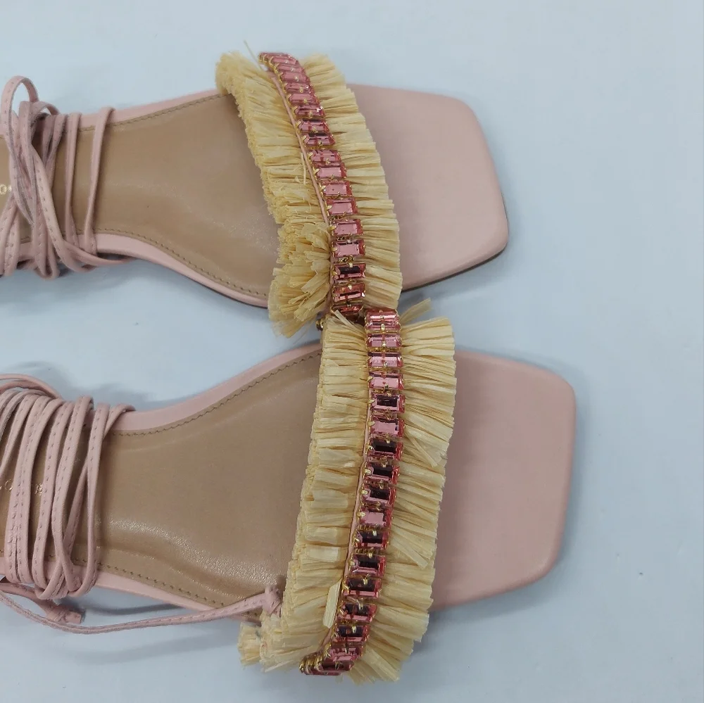 Anthropologie Embellished Tie Up Pink/Rose Raffia Square Toe Sandals Sz 39 US8.5